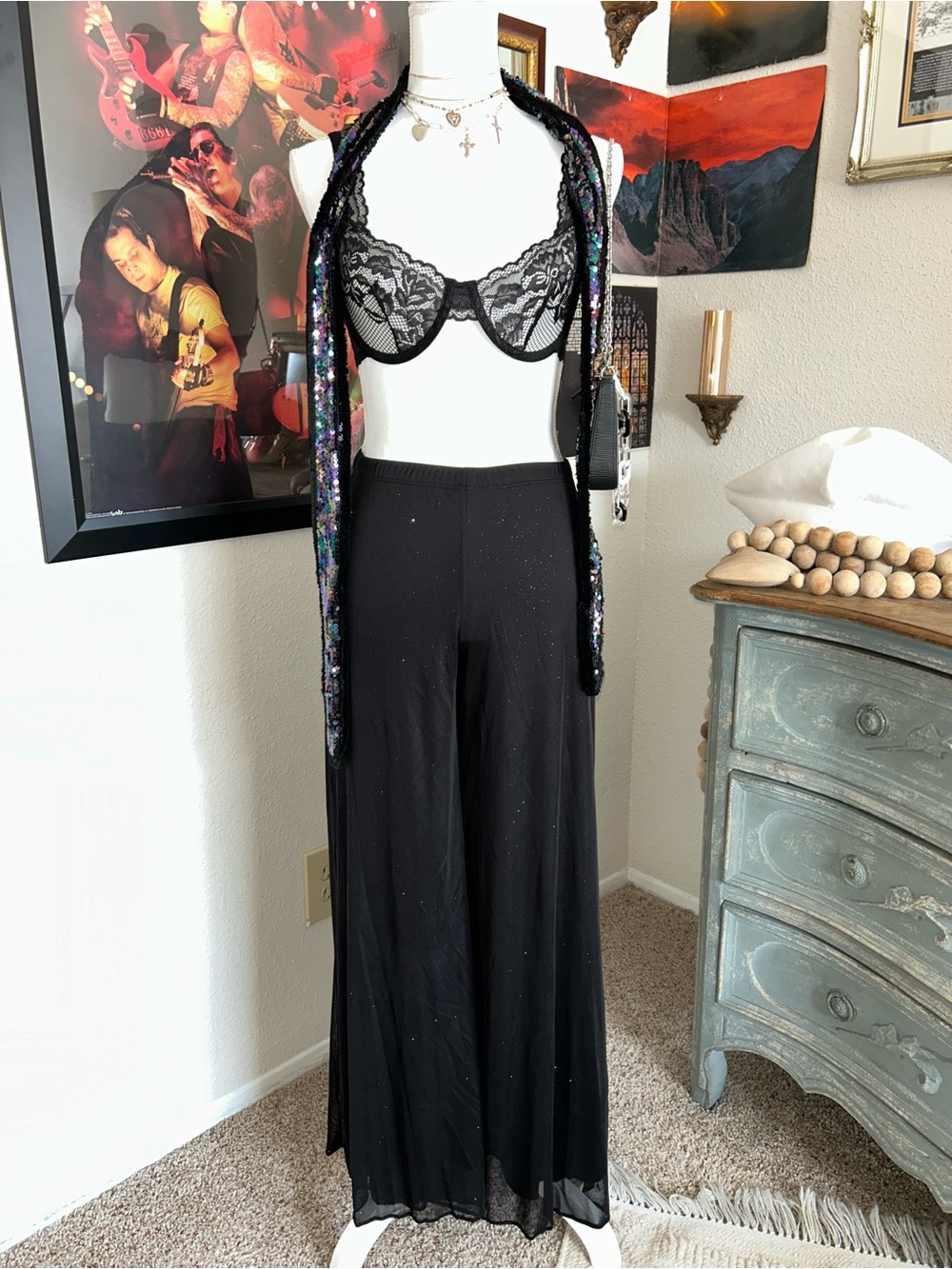 Vintage Y2K Black Mesh Super Flare Pants Small Sheer Overlay Glitter Festival Ra